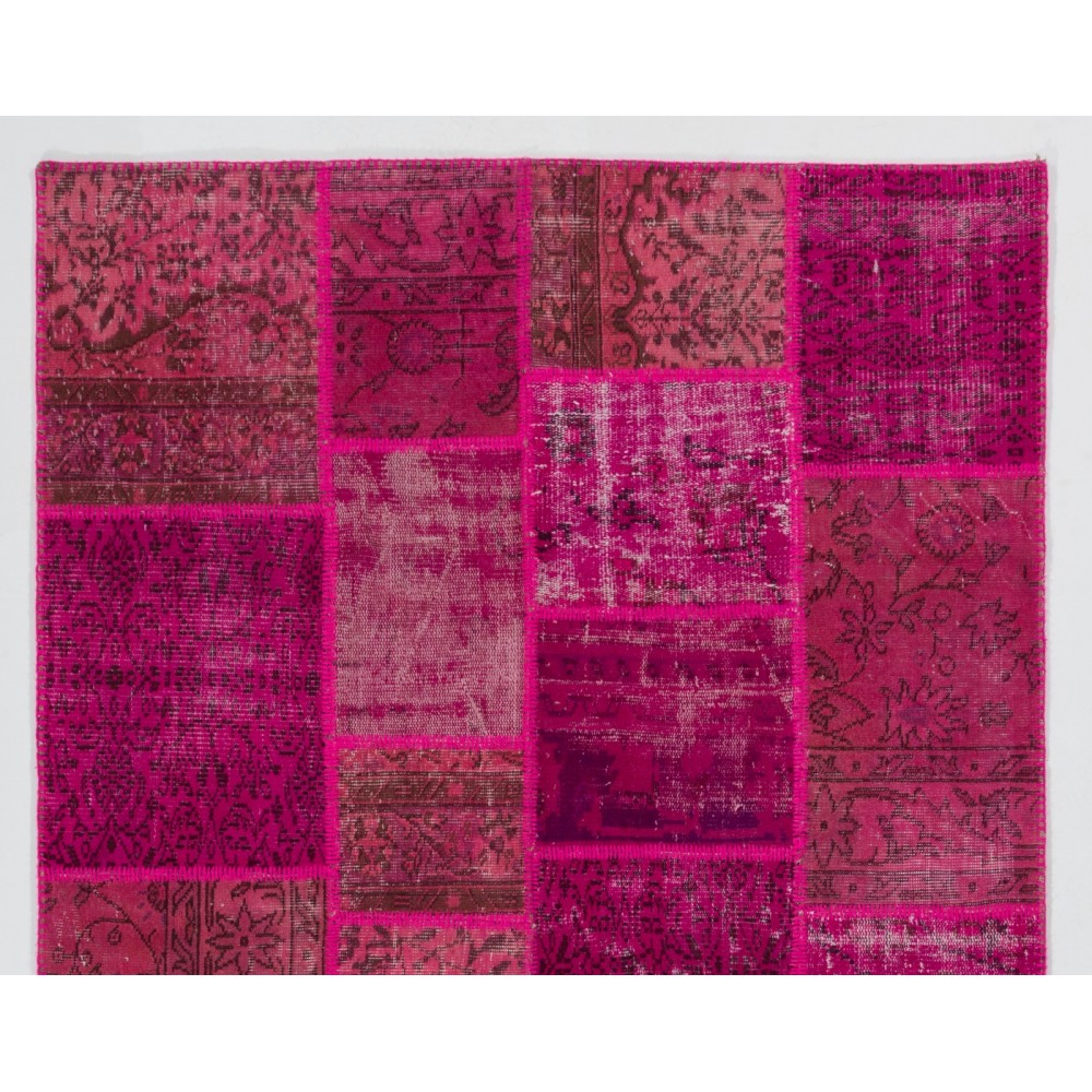 Pink Handmade Patchwork Rug Made from Over-Dyed Vintage Carpets