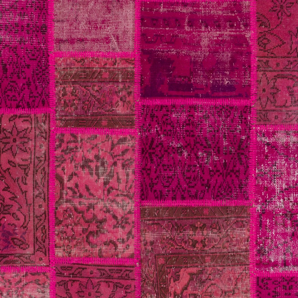 Hand-Knotted Pink Patchwork Rug for Living Room, Bedroom and Dining Room | Modern Overdyed Turkish Wool Carpet Hand-Knotted Pink Patchwork Rug for Living Room, Bedroom and Dining Room | Modern Overdyed Turkish Wool Carpet