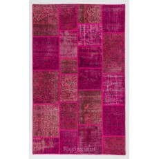 Pink Handmade Patchwork Rug Made from Over-Dyed Vintage Carpets