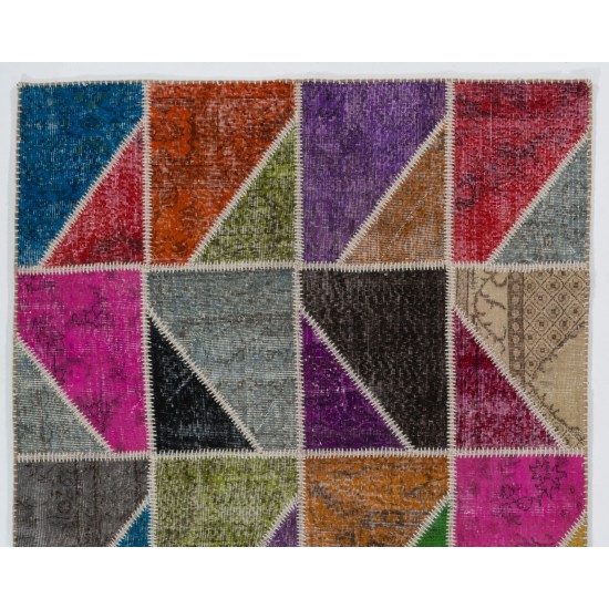 Modern Look Colorful Area Rug. Handmade Patchwork Rug Made from Over-Dyed Vintage Carpets. Home Decoration Floor Covering