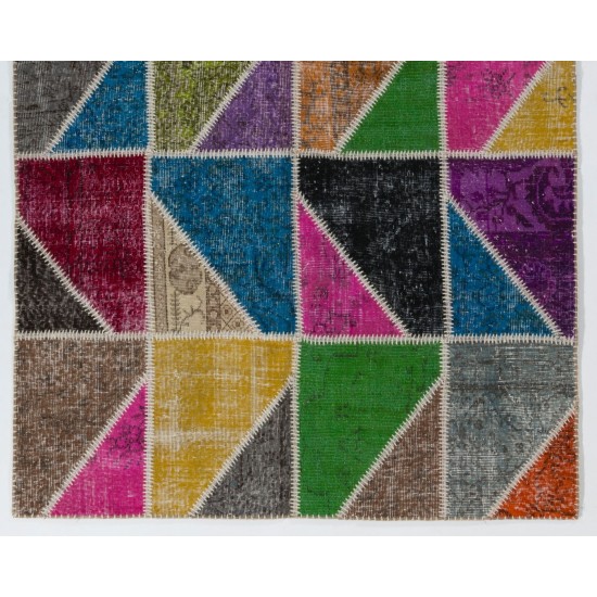 Modern Look Colorful Area Rug. Handmade Patchwork Rug Made from Over-Dyed Vintage Carpets. Home Decoration Floor Covering