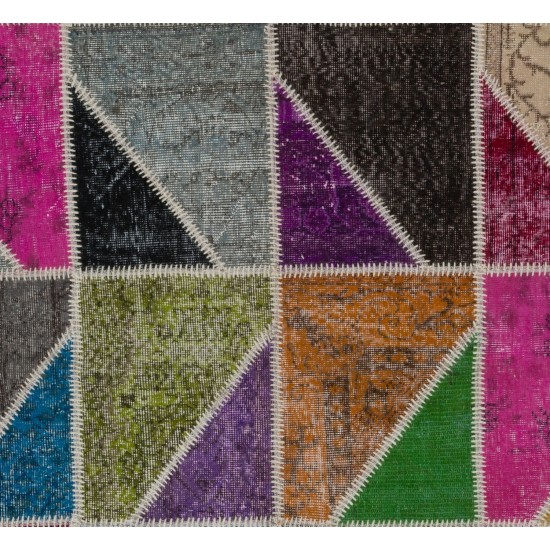 Modern Look Colorful Area Rug. Handmade Patchwork Rug Made from Over-Dyed Vintage Carpets. Home Decoration Floor Covering