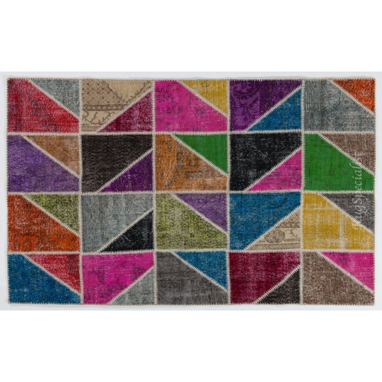 Colorful Handmade Patchwork Rug Made from Over-Dyed Vintage Carpets Colorful Handmade Patchwork Rug Made from Over-Dyed Vintage Carpets