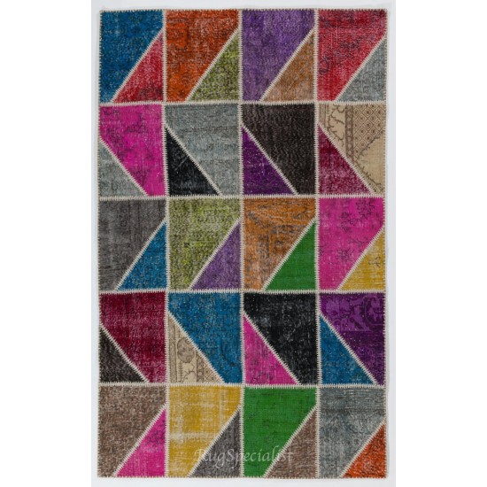 Modern Look Colorful Area Rug. Handmade Patchwork Rug Made from Over-Dyed Vintage Carpets. Home Decoration Floor Covering