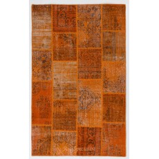 Orange Handmade Patchwork Rug Made from Over-Dyed Vintage Carpets