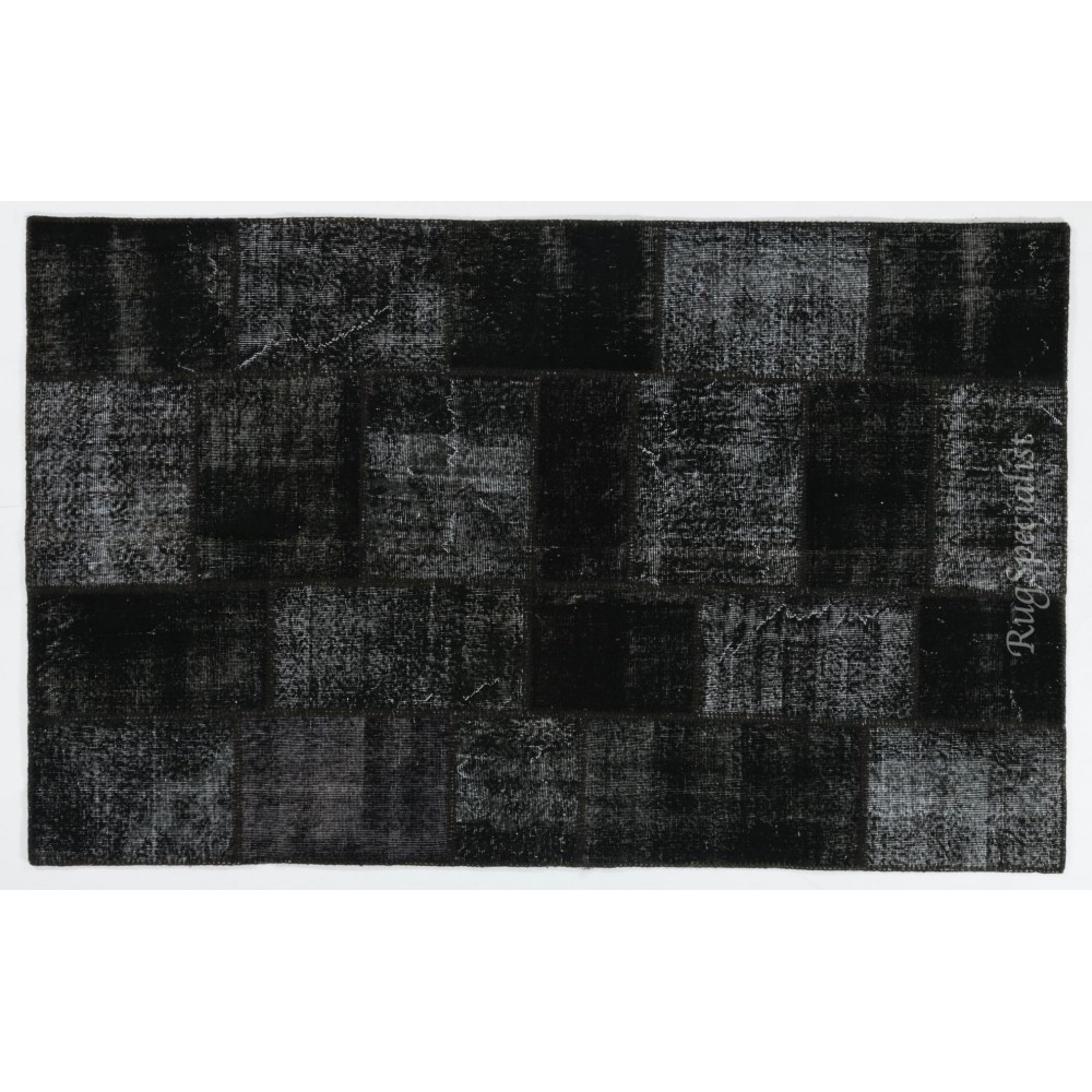Black Handmade Patchwork Rug Made from Over-Dyed Vintage Carpets, CUSTOM OPTIONS Av.