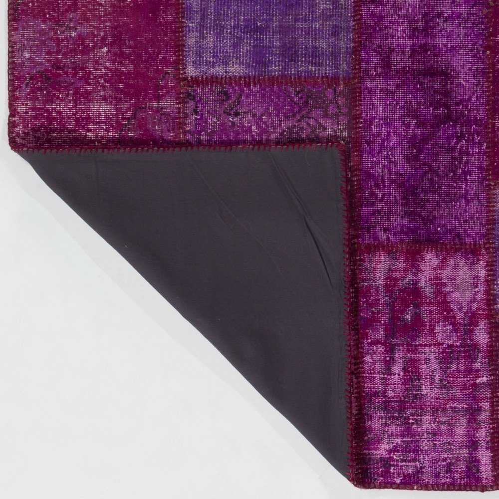 Handmade Purple Patchwork Rug for Living Room, Bedroom and Kitchen | Modern Overdyed Turkish Wool Carpet