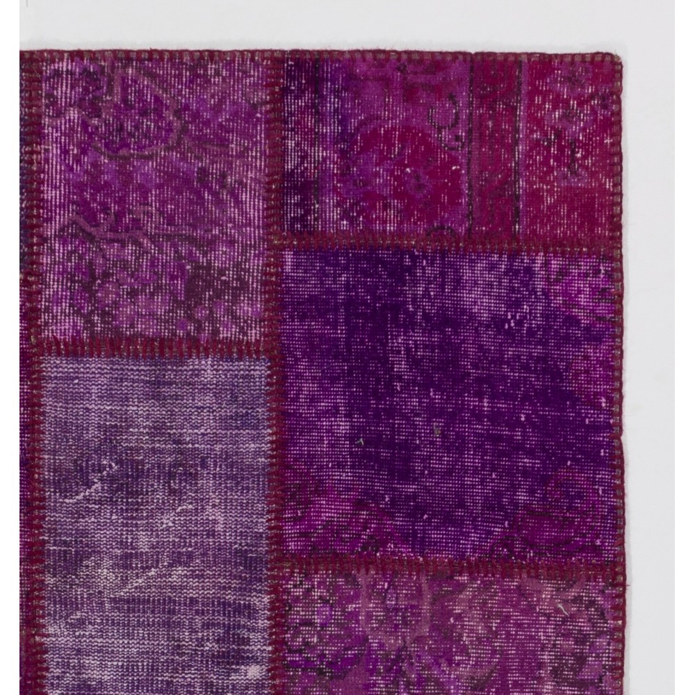 Handmade Purple Patchwork Rug for Living Room, Bedroom and Kitchen | Modern Overdyed Turkish Wool Carpet