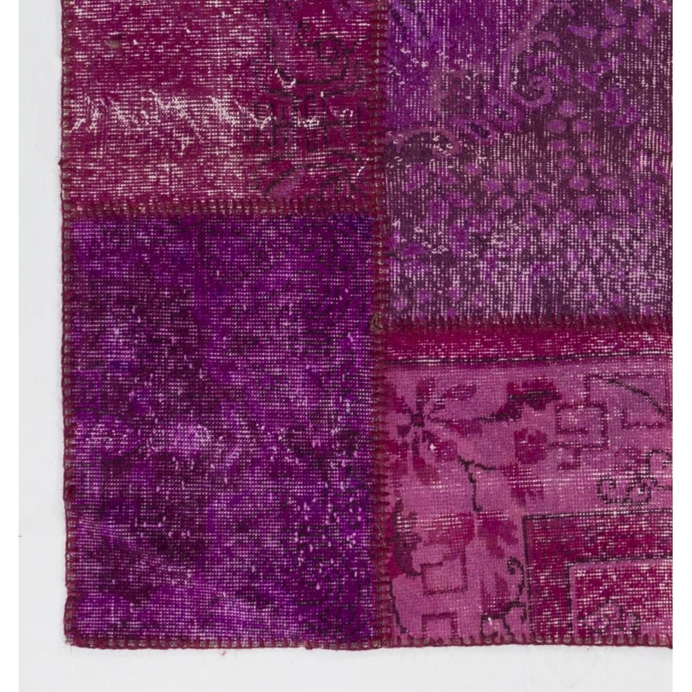 Handmade Purple Patchwork Rug for Living Room, Bedroom and Kitchen | Modern Overdyed Turkish Wool Carpet
