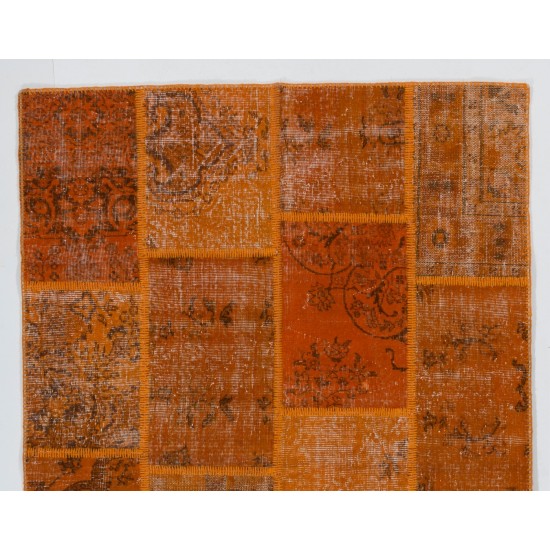 Custom Modern Handmade Patchwork Rug in Shades of Orange, Central Anatolian Carpet, Woolen Floor Covering