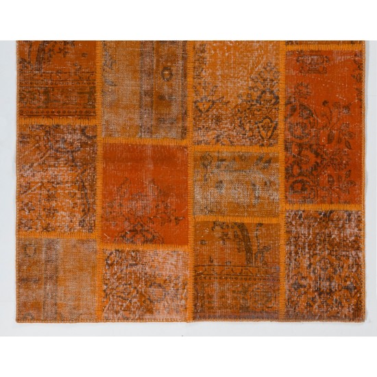 Custom Modern Handmade Patchwork Rug in Shades of Orange, Central Anatolian Carpet, Woolen Floor Covering