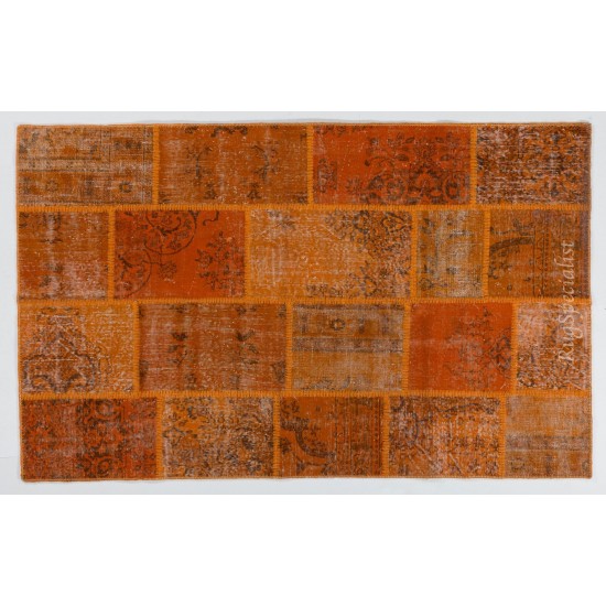 Custom Modern Handmade Patchwork Rug in Shades of Orange, Central Anatolian Carpet, Woolen Floor Covering