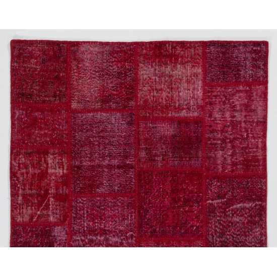 Modern Hand Knotted Patchwork Rug in Shades of Red, Burgundy Red, Maroon and Cherry Colors
