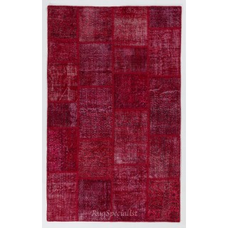 Hand Knotted Patchwork Rug in Shades of Red. Modern Living Room Carpet