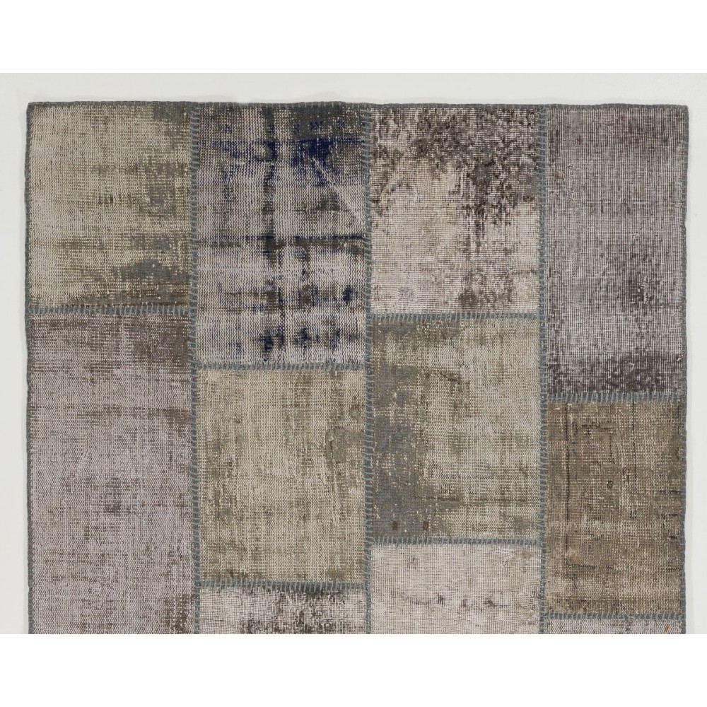 Distressed Look Handmade Patchwork Rug in Shades of Gray. Contemporary Turkish Carpet. Woolen Floor Covering