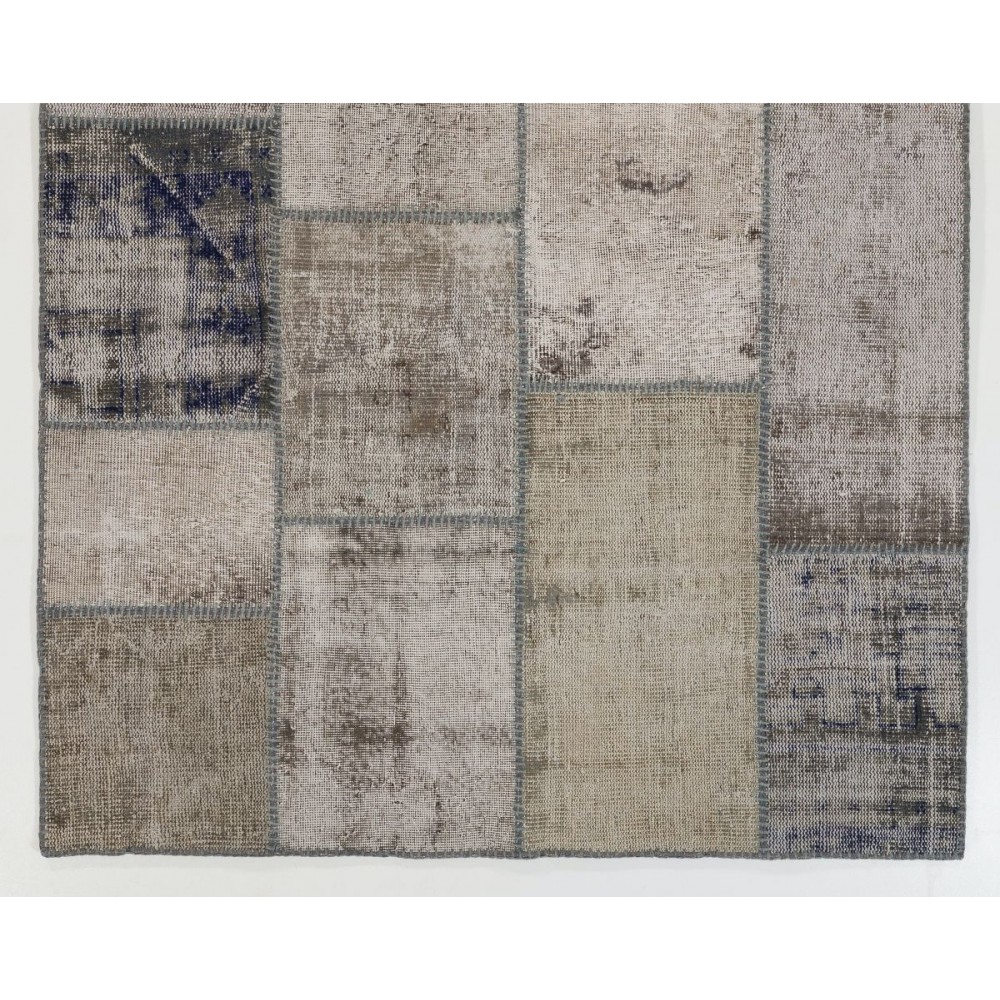 Distressed Look Handmade Patchwork Rug in Shades of Gray. Contemporary Turkish Carpet. Woolen Floor Covering