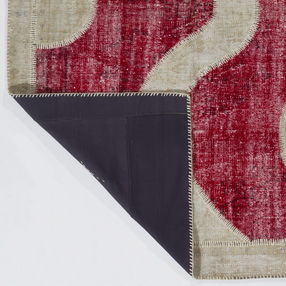 Contemporary Red and Beige Patchwork Rug | Hand-Knotted Curved Wavy Design Overdyed Turkish Wool Carpet for Living Room and Office Contemporary Red and Beige Patchwork Rug | Hand-Knotted Curved Wavy Design Overdyed Turkish Wool Carpet for Living Room and Office