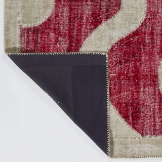 Contemporary Red and Beige Patchwork Rug | Hand-Knotted Curved Wavy Design Overdyed Turkish Wool Carpet for Living Room and Office