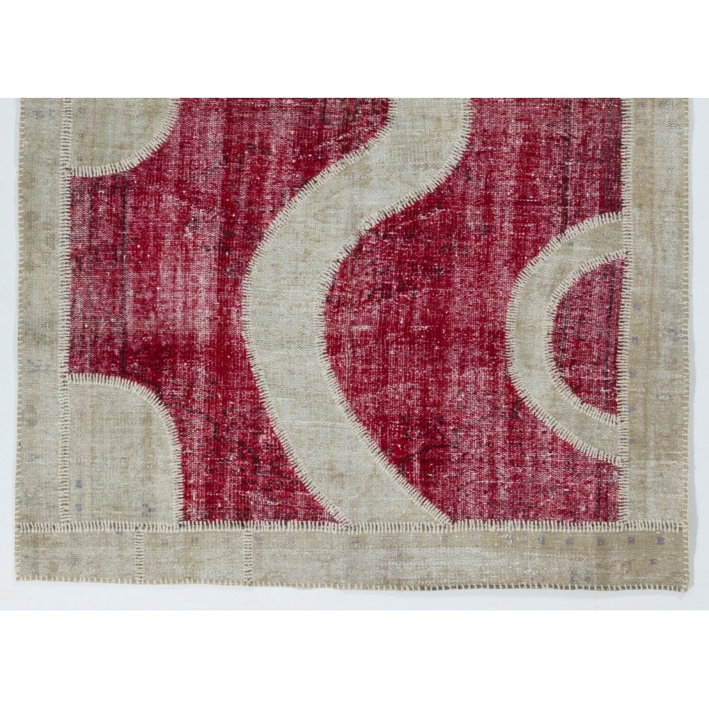 Custom Unique Design Handmade Vintage Patchwork Rug in Red and Beige. Modern Turkish Carpet. Woolen Floor Covering