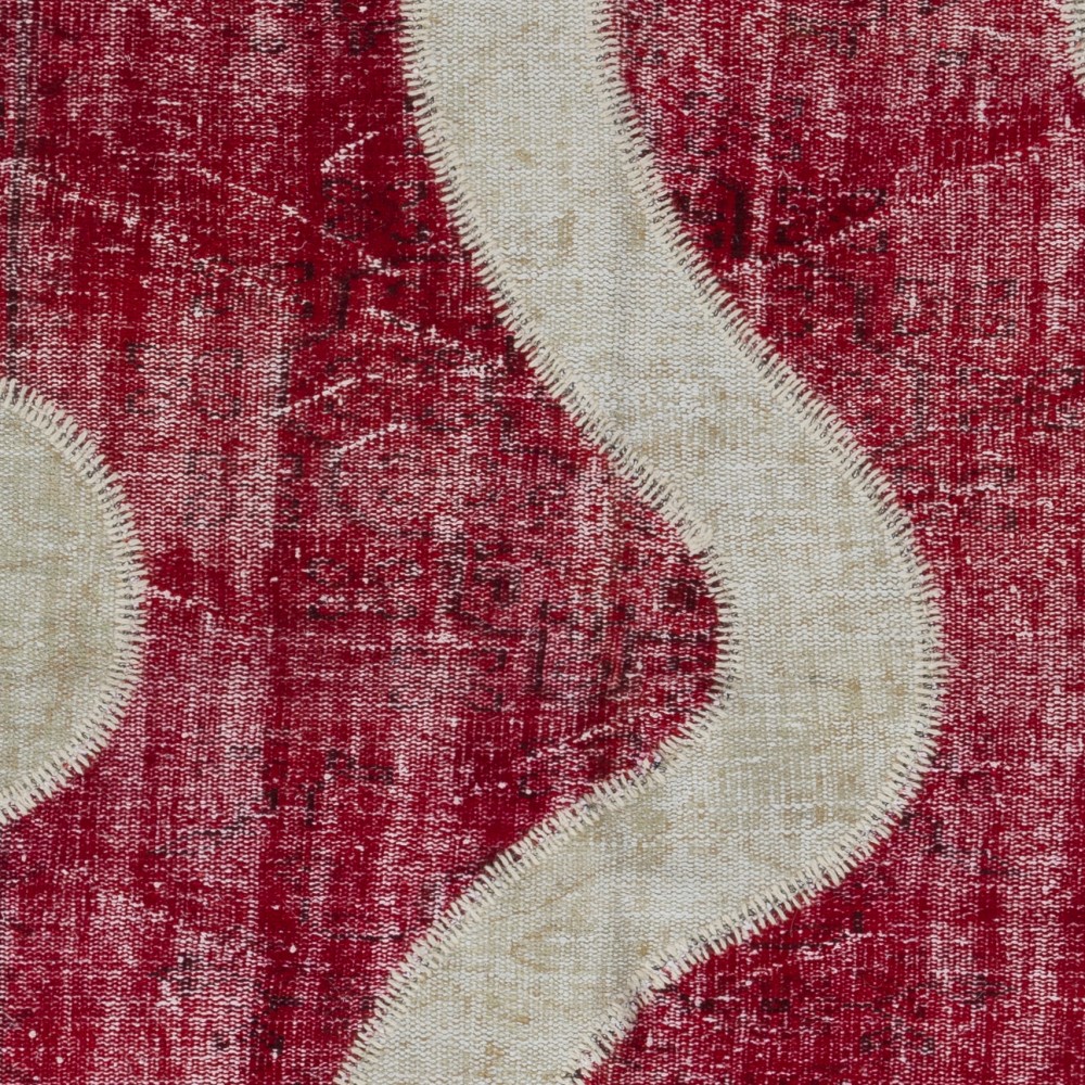 Contemporary Red and Beige Patchwork Rug | Hand-Knotted Curved Wavy Design Overdyed Turkish Wool Carpet for Living Room and Office Contemporary Red and Beige Patchwork Rug | Hand-Knotted Curved Wavy Design Overdyed Turkish Wool Carpet for Living Room and Office