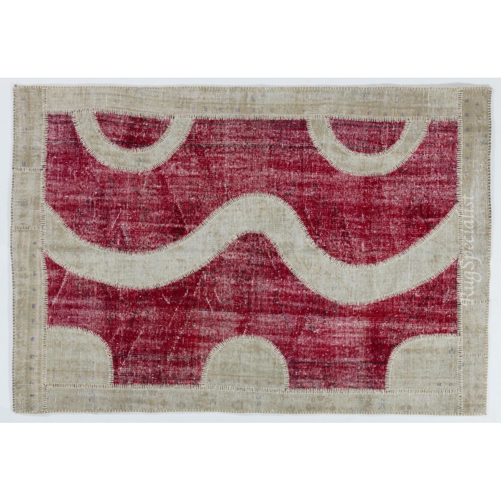 Custom Unique Design Handmade Vintage Patchwork Rug in Red and Beige. Modern Turkish Carpet. Woolen Floor Covering