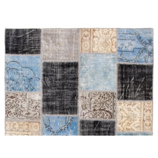 Hand-Knotted Patchwork Rug Made from Over-Dyed Vintage Carpets