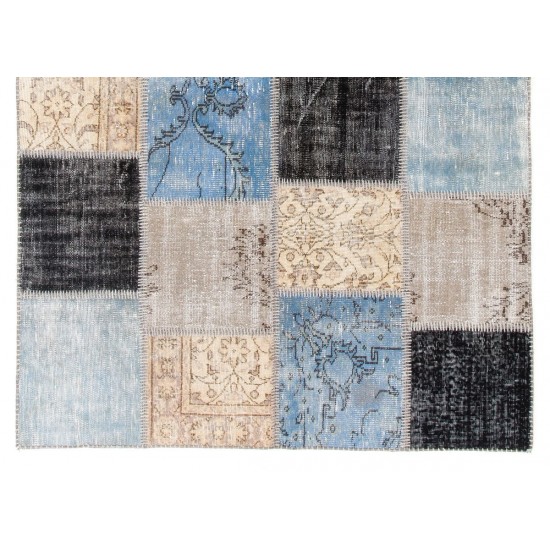 Hand-Knotted Patchwork Rug Made from Over-Dyed Vintage Carpets