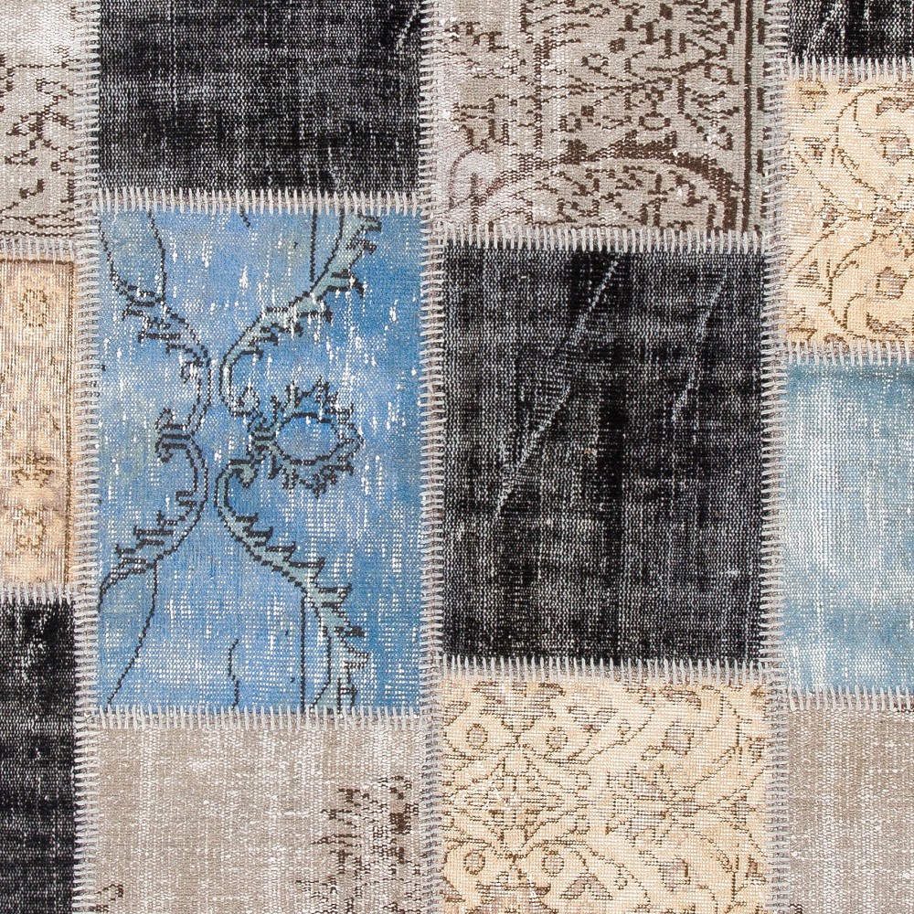 Contemporary Blue, Black and Beige Patchwork Rug | Hand-Knotted Turkish Overdyed Wool Carpet