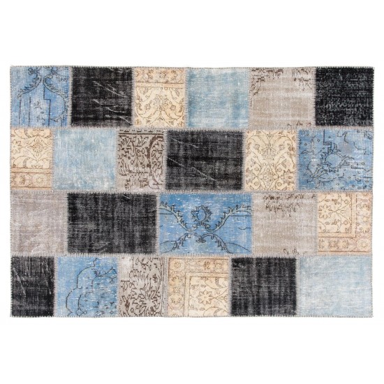 Hand-Knotted Patchwork Rug Made from Over-Dyed Vintage Carpets