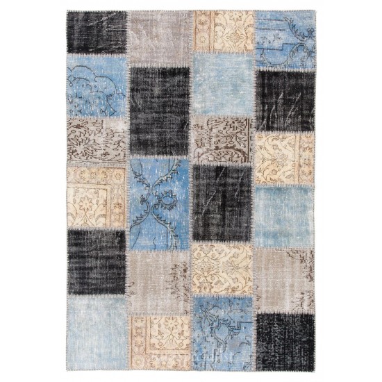 Hand-Knotted Patchwork Rug Made from Over-Dyed Vintage Carpets