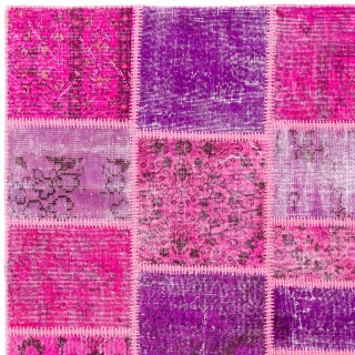 Hand-Knotted Pink and Purple Patchwork Rug for Living Room, Bedroom and Dining Room | Contemporary Overdyed Turkish Wool Carpet Hand-Knotted Pink and Purple Patchwork Rug for Living Room, Bedroom and Dining Room | Contemporary Overdyed Turkish Wool Carpet