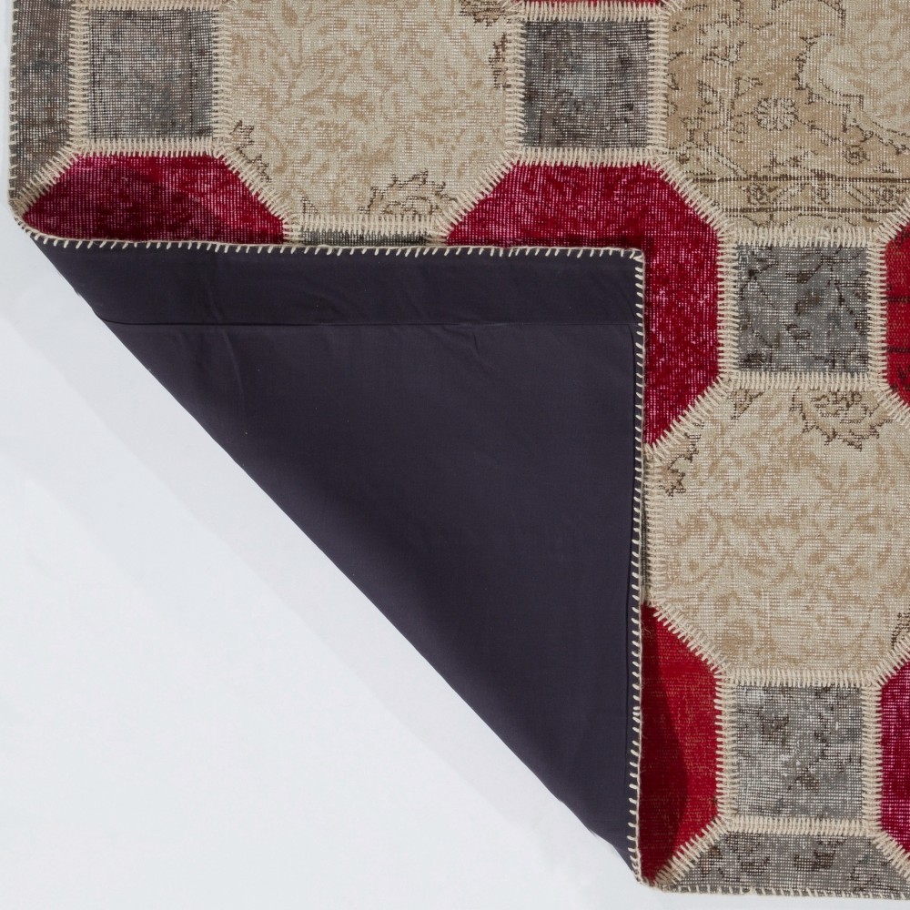 Geometric Octagon Pattern Red, Beige and Gray Patchwork Rug | Modern Hand-Knotted Turkish Overdyed Wool Carpet Geometric Octagon Pattern Red, Beige and Gray Patchwork Rug | Modern Hand-Knotted Turkish Overdyed Wool Carpet