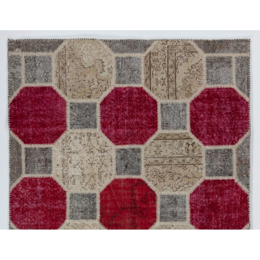 Hexagon Design Patchwork Rug Made from Over-Dyed Vintage Carpets