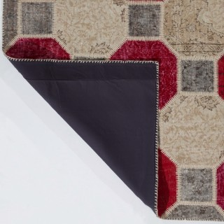 Geometric Octagon Pattern Red, Beige and Gray Patchwork Rug | Modern Hand-Knotted Turkish Overdyed Wool Carpet