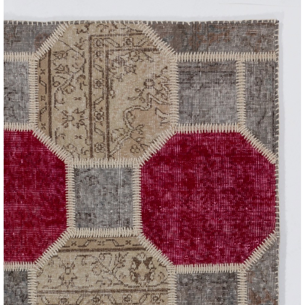 Geometric Octagon Pattern Red, Beige and Gray Patchwork Rug | Modern Hand-Knotted Turkish Overdyed Wool Carpet Geometric Octagon Pattern Red, Beige and Gray Patchwork Rug | Modern Hand-Knotted Turkish Overdyed Wool Carpet