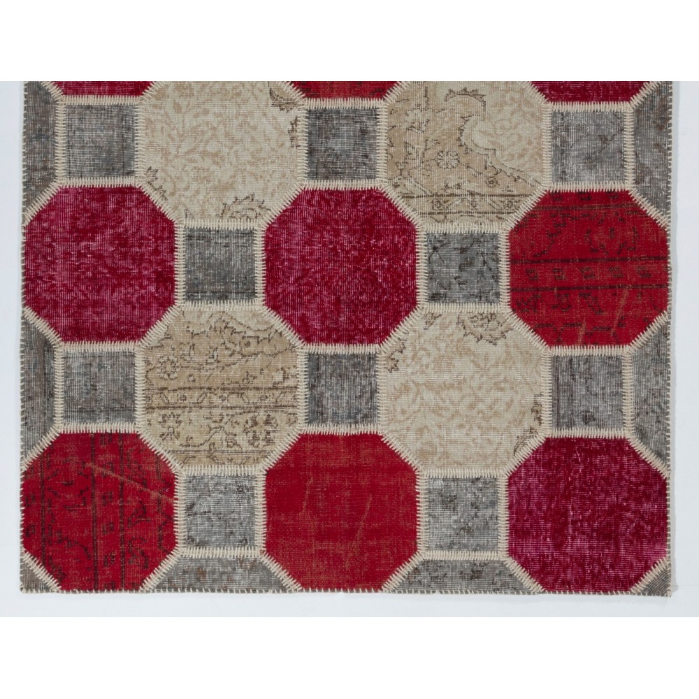 Hexagon Design Patchwork Rug Made from Over-Dyed Vintage Carpets