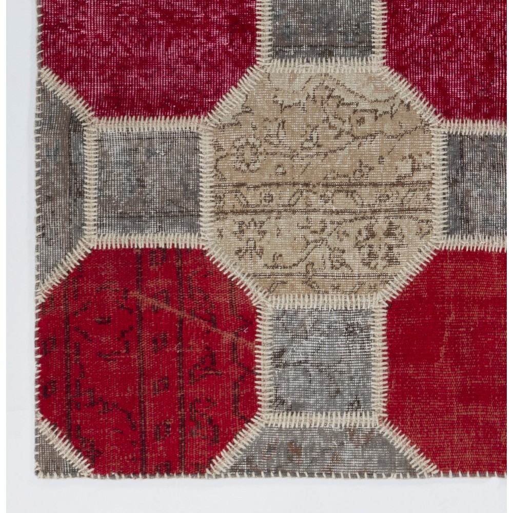 Geometric Octagon Pattern Red, Beige and Gray Patchwork Rug | Modern Hand-Knotted Turkish Overdyed Wool Carpet Geometric Octagon Pattern Red, Beige and Gray Patchwork Rug | Modern Hand-Knotted Turkish Overdyed Wool Carpet