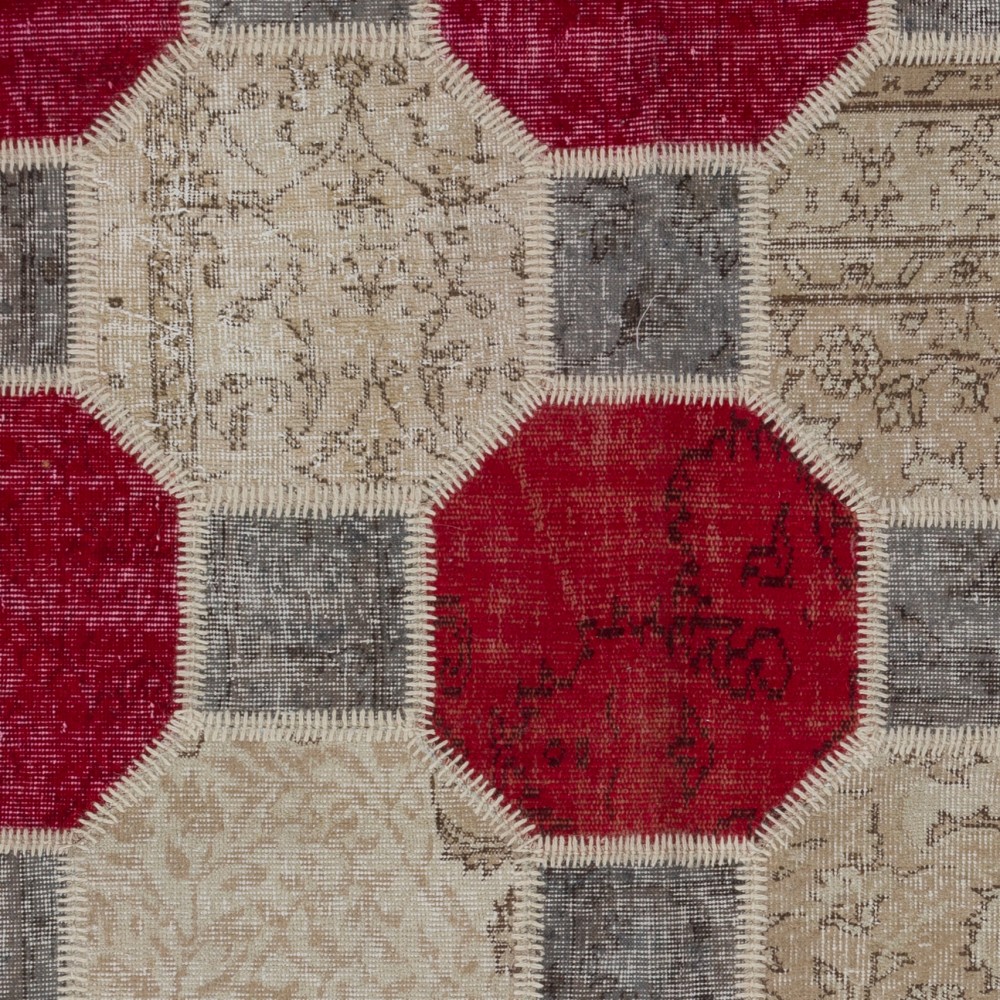 Geometric Octagon Pattern Red, Beige and Gray Patchwork Rug | Modern Hand-Knotted Turkish Overdyed Wool Carpet Geometric Octagon Pattern Red, Beige and Gray Patchwork Rug | Modern Hand-Knotted Turkish Overdyed Wool Carpet