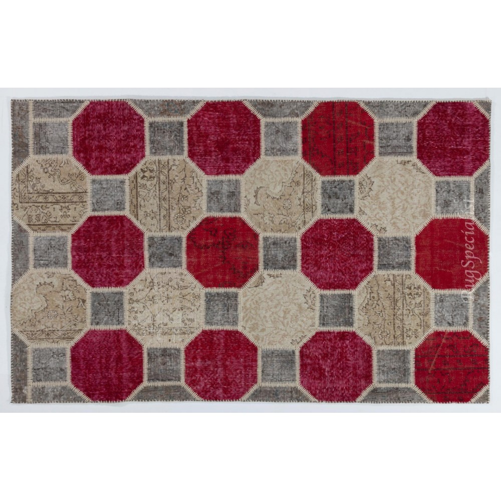 Hexagon Design Patchwork Rug Made from Over-Dyed Vintage Carpets