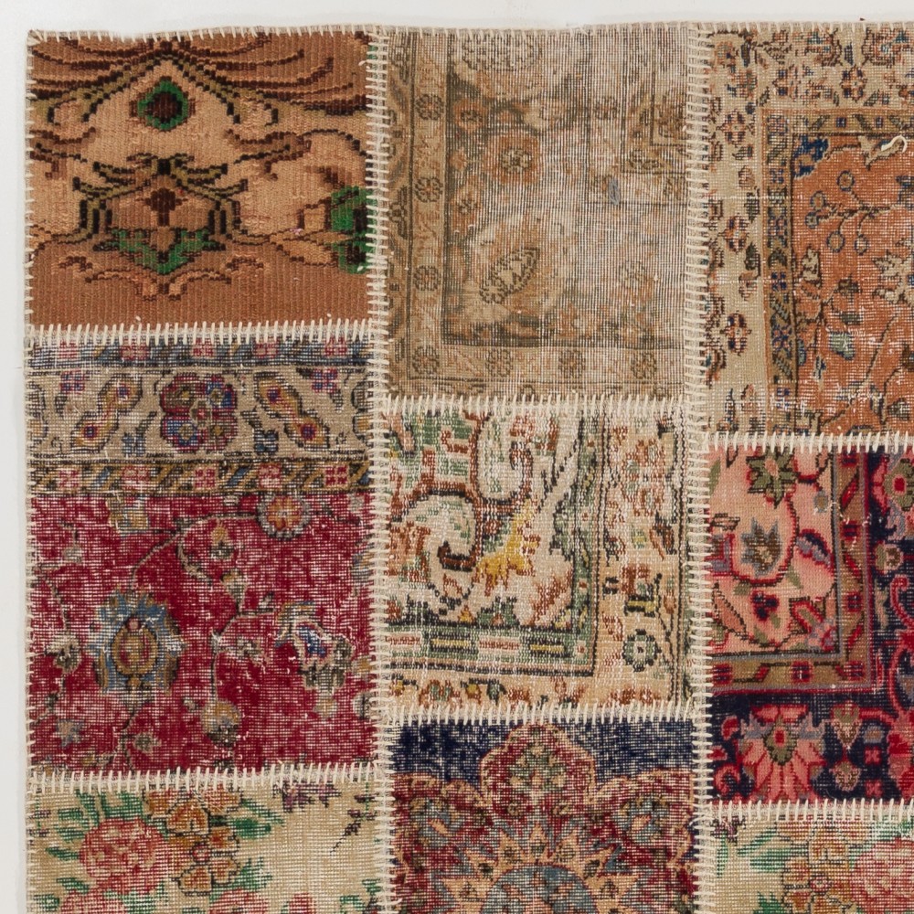 Vintage Red and Beige Patchwork Rug | Hand-Knotted Turkish Village Carpet for Living Room and Bedroom Vintage Red and Beige Patchwork Rug | Hand-Knotted Turkish Village Carpet for Living Room and Bedroom