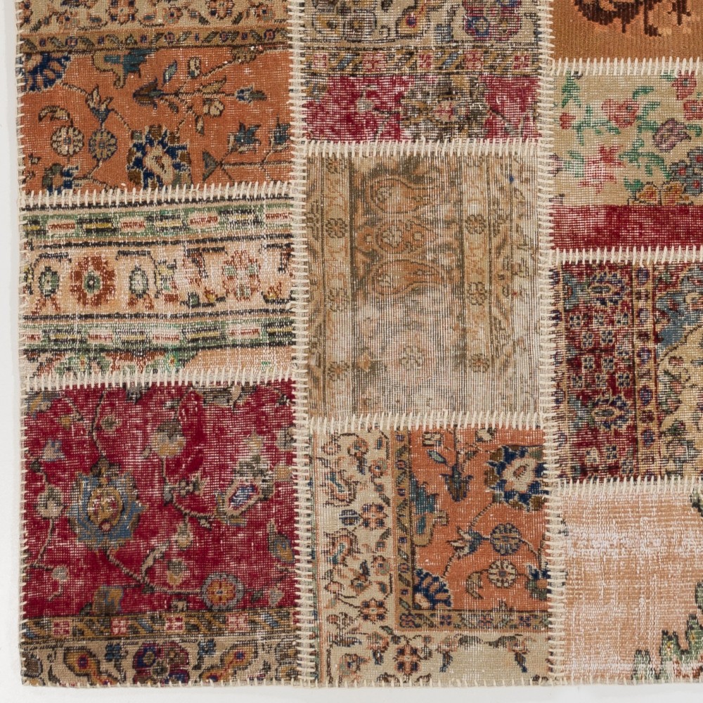 Vintage Red and Beige Patchwork Rug | Hand-Knotted Turkish Village Carpet for Living Room and Bedroom Vintage Red and Beige Patchwork Rug | Hand-Knotted Turkish Village Carpet for Living Room and Bedroom
