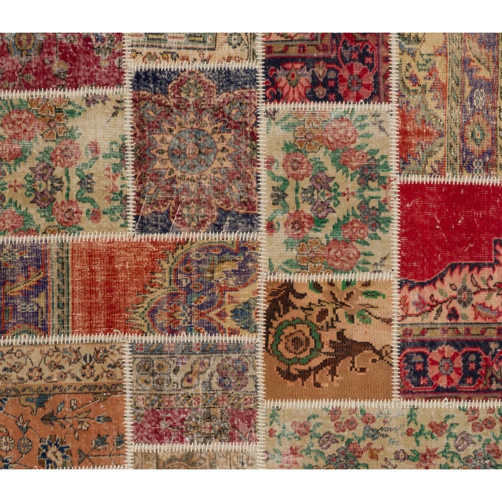 Handmade Patchwork Rug Made from Vintage Turkish Village Carpets