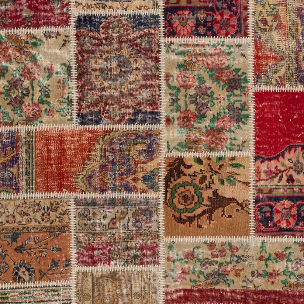 Vintage Red and Beige Patchwork Rug | Hand-Knotted Turkish Village Carpet for Living Room and Bedroom Vintage Red and Beige Patchwork Rug | Hand-Knotted Turkish Village Carpet for Living Room and Bedroom