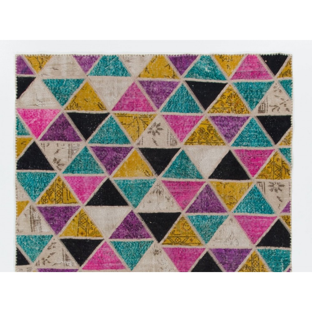 Modern Colorful Handmade Turkish Patchwork Rug with Unlimited Triangles Design