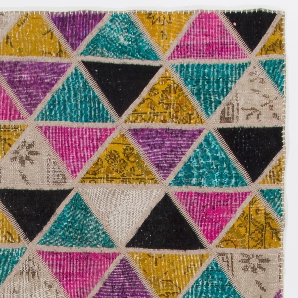 Modern Geometric Triangle Pattern Colorful Patchwork Rug | Hand-Knotted Turkish Wool Carpet Modern Geometric Triangle Pattern Colorful Patchwork Rug | Hand-Knotted Turkish Wool Carpet
