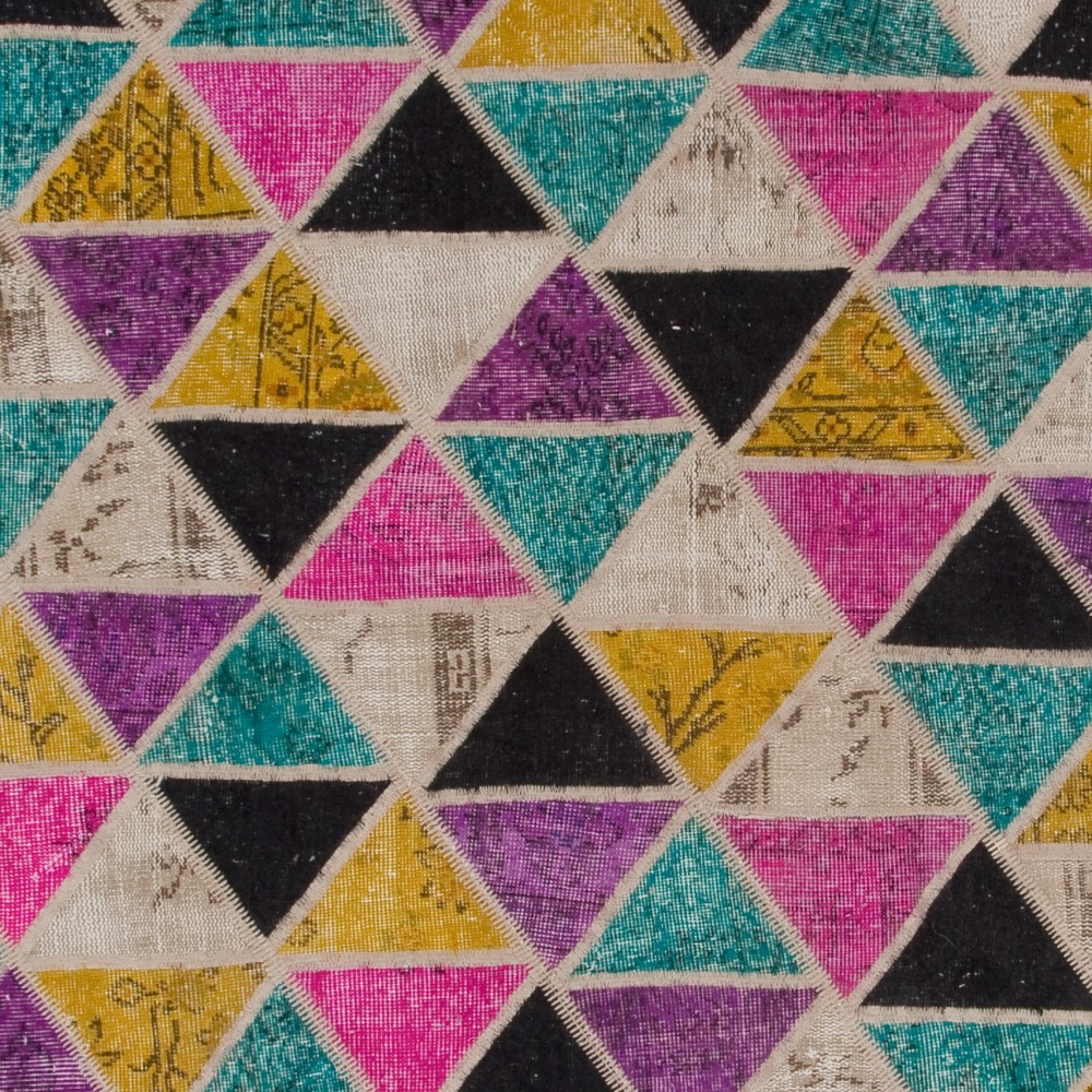 Modern Geometric Triangle Pattern Colorful Patchwork Rug | Hand-Knotted Turkish Wool Carpet Modern Geometric Triangle Pattern Colorful Patchwork Rug | Hand-Knotted Turkish Wool Carpet