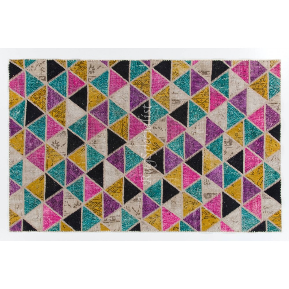 Modern Colorful Handmade Turkish Patchwork Rug with Unlimited Triangles Design