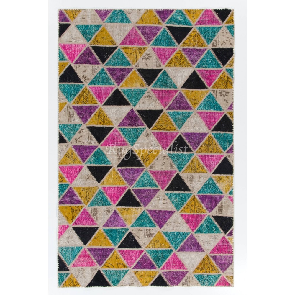 Modern Colorful Handmade Turkish Patchwork Rug with Unlimited Triangles Design