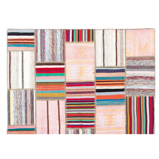 Colorful Handmade Striped Patchwork Kilim Area Rug (Flat-weave)