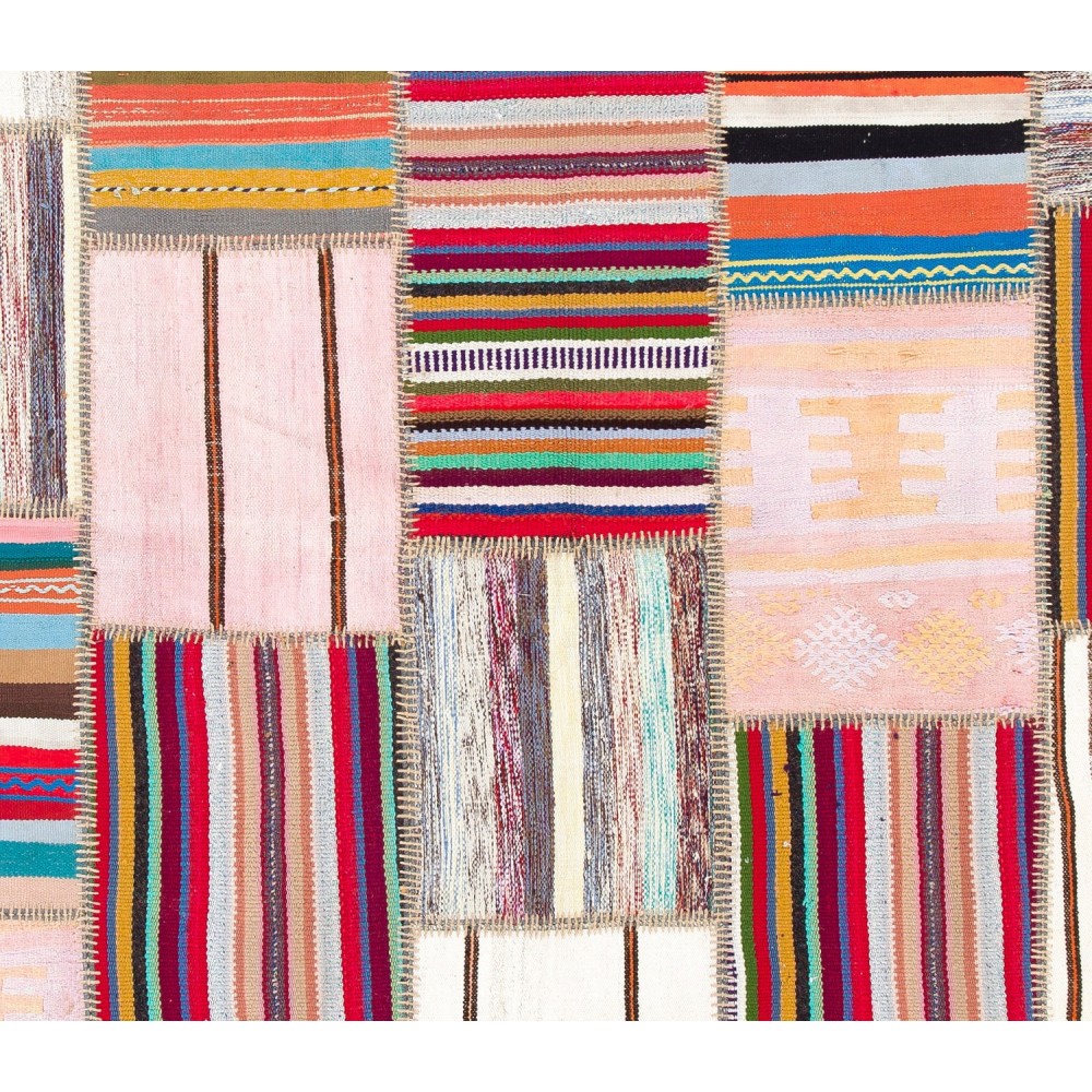 Striped Handmade Patchwork Kilim. Custom Hand Woven Carpet. Colorful Turkish Banded Patchwork Rug